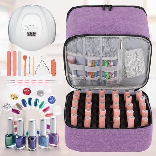Travel Nail Polish Organizer, Holds 30 Bottles (15ml), Double-layer Nail Polish Carrying Case, Large Capacity Portable Storage Bag for Nail Varnish and Manicure Set - color: Purple