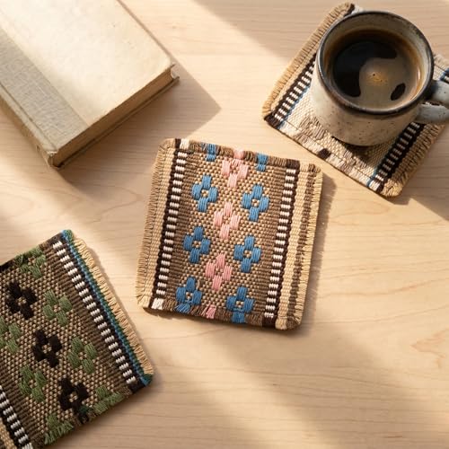 Boho Woven Coasters Set of 6, Absorbent Drink Coasters for Coffee Table, Rustic Farmhouse Table Decor, Southwestern Aesthetic, Handmade Style, Housewarming Gift