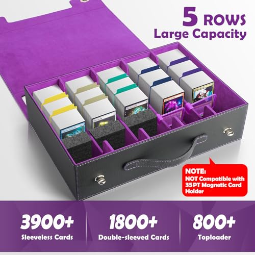 5-Row Trading Card Storage Box with Handle and Commander Display, 3900+ Card Case Includes 5 Top Loaders, 5 Stoppers, 48 Dividers, 1 Dice Tray for MTG TCG PTCG Sports Cards