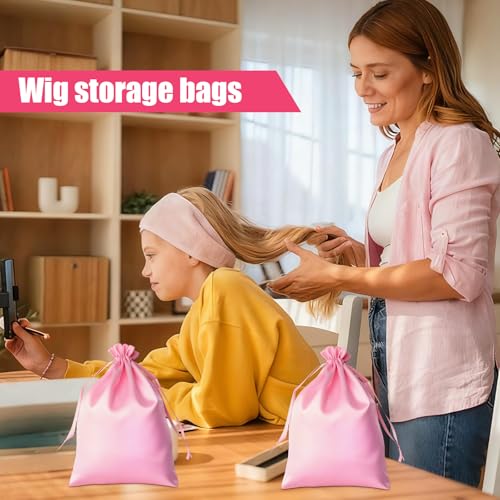 2Pcs Silk Satin Wig Bags with Drawstring, Satin Pink Gift & Travel Bag