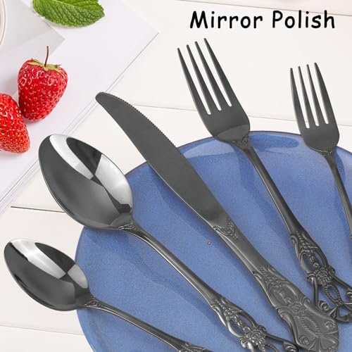 Retro Royal Black Silverware Set With Gift Box, 20-Pieces Cutlery Set Utensils Stainless Steel Flatware For 4 MIKIWAY Kitchen Tableware Set For Gifts Festive, Dishwasher Safe, Mirror Polishing - color: A-Mirror Black (Gift Box)