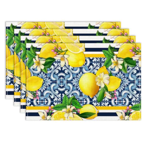 Summer Lemon Placemats Set of 4, 12x18 Inch Yellow and Blue Mediterranean Summer Fruit Italian Tiles Seasonal Heat Resistant Table Mats for Dining Kitchen Birthday Party Holiday Decor - color: Lemon04, size: 4pcs