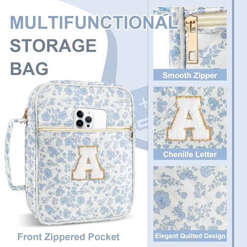 Personalized Initial Bible Cover Case for Women Girls Kid - Large Quilted Bible Case with Handle,Chenille Letter Bag Study Supplies,Christmas Gifts for Christians Birthday Graduation(Blue Flower-A) - color: Blue Flower, size: letter-A