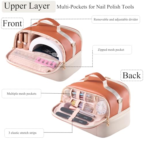 Nail Polish Organizer Holds 35 Bottles & Nail Lamp, Nail Organizers and Storage, Double Layer Nail Bag with Handle & Shoulder Strap for Travel, Nail Supplies Organizer for Manicure Kit (Brown+Beige) - color: Brown+Beige (35Bottles）