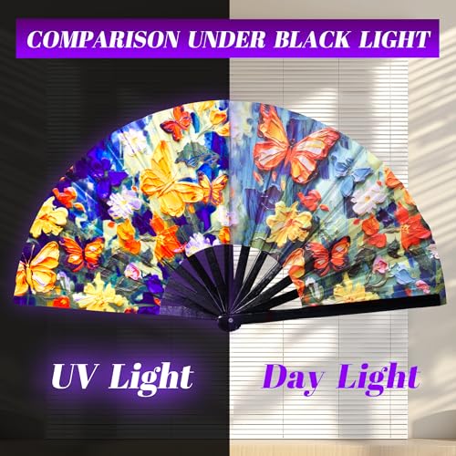 13 Inch Large Rave Fan & Clack Fans for Line Dancing - Folding Hand Fan with UV Glow for Boots on The Ground, Performance, Wedding, Party - Portable Handheld Fans for Women & Men - color: Oil painting of butterflies*1