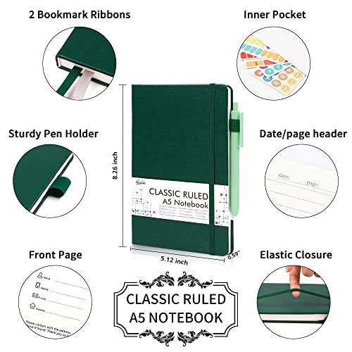 feela 12 Pack Notebooks Journals Bulk with 12 Black Pens, A5 Hardcover Notebook Classic Ruled Journal Set with Pen Holder for School Business Work Travel Writing, 120 GSM, 5.1”x8.3”, Dark Green - color: 12 Pack dark green
