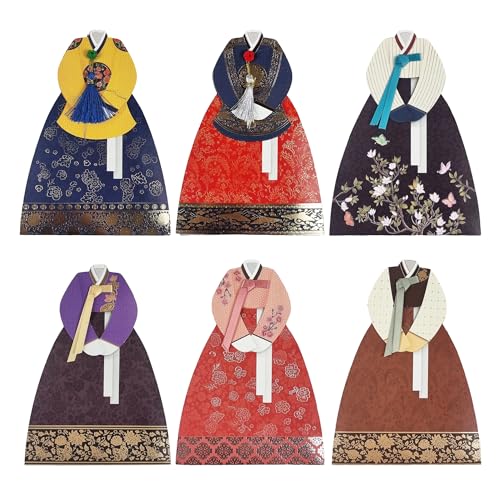 Korean Hanbok Money Envelopes - Traditional Gift Card Holders 6-Piece Set with Gold Accents