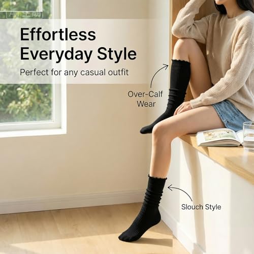 Moonlik Women Ruffle Knee High Boot Socks, Turn Cuff Knit, Breathable Cute Frilly Lettuce Dress Socks, 3 Pairs - color: Black Light Grey Coffee