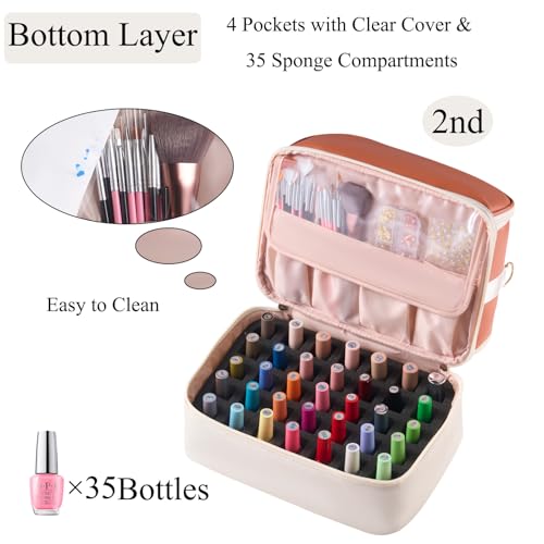 Nail Polish Organizer Holds 35 Bottles & Nail Lamp, Nail Organizers and Storage, Double Layer Nail Bag with Handle & Shoulder Strap for Travel, Nail Supplies Organizer for Manicure Kit (Brown+Beige) - color: Brown+Beige (35Bottles）