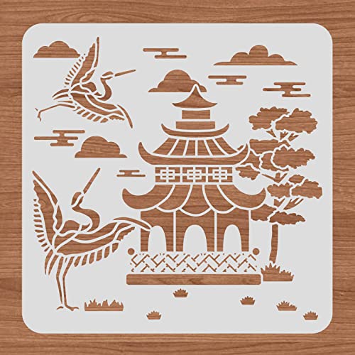 BENECREAT 12x12inch Oriental Theme Plastic Painting Templates, Pagoda Crane Pattern Drawing Stencils for Scrapbook Decoration DIY Crafts - color: Crane