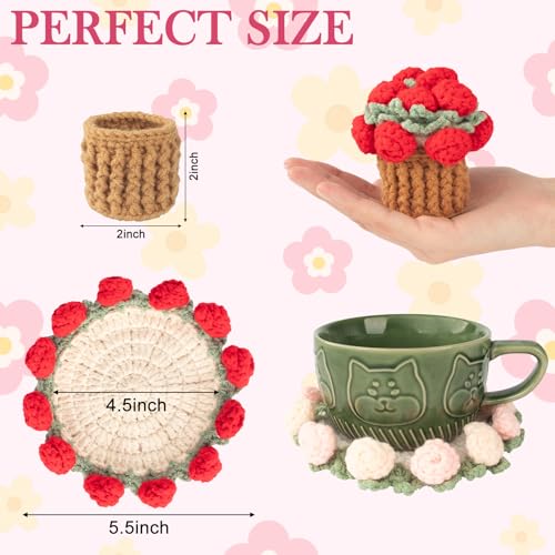 Crochet Flowers Coasters with Basket,Handmade Rose Bouquet Blanket Kawaii Decor Coaster for Desk,Coffee Table,Home Decor,Wedding Gift,Housewarming,Birthda(2Pcs) (Red,Pink) - color: Red,pink