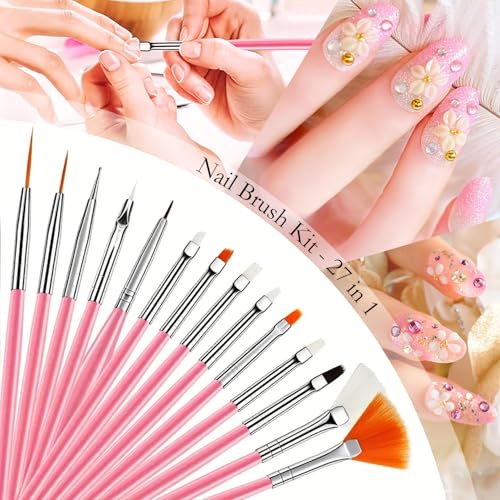 Nail Art Tools 27Pcs Set,Nail Art Brush,Resin Nail Art Palette,5 Pcs Nail Art Pens Liner Brush,2-way Acrylic Silicone Engraving Pen Dotting Pen Tools Nail Art Kit for Nail Art DIY - color: D3#Pink Style 5