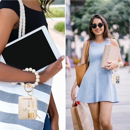 COOLANS Silicone Bracelet Wristlet Wallet Credit Card Holder RFID ID Window Key Ring Tassel Slim Wallet Women Keychain Purse - color: Beige