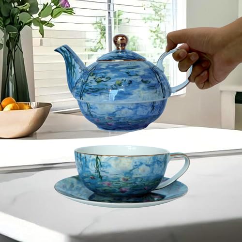 Porcelain 13 OZ Tea for One Teapot and Cup Set Vintage Floral Ceramic Tea Set European Style Tea pot and Saucer Set (Water Lily) - color: Water Lily