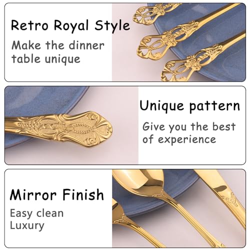 Retro Royal Gold Silverware Set With Gift Box, 20-Pieces Cutlery Set Utensils Stainless Steel Flatware For 4 MIKIWAY Kitchen Tableware Set For Gifts Festive, Dishwasher Safe, Mirror Polishing - color: A-Mirror Gold (Gift Box)