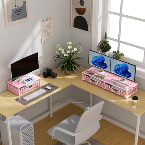 gianotter Computer Monitor Stand Riser with Drawer - color: Pink, size: 14.1L x 9.64W x 5.9H Inch