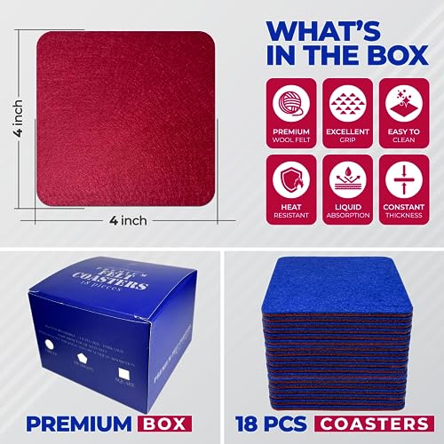 A&A Wonders Premium Felt Coasters for Drink, Two-Tone Reversible, Absorbent Felt Protects Furniture, Table, Anti Slip, Suitable for Drinks & All Table Types (Wine Red/Royal Blue, Square 18 Pack) - color: Wine Red/Royal Blue, size: Square 18 Pack
