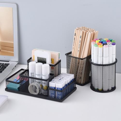 Desk Organizer Desktop Mesh Pen Pencil Holder Caddy with 4 Compartments, Office Home School Classroom Accessories Cool Supplies (Silver) - color: Silver