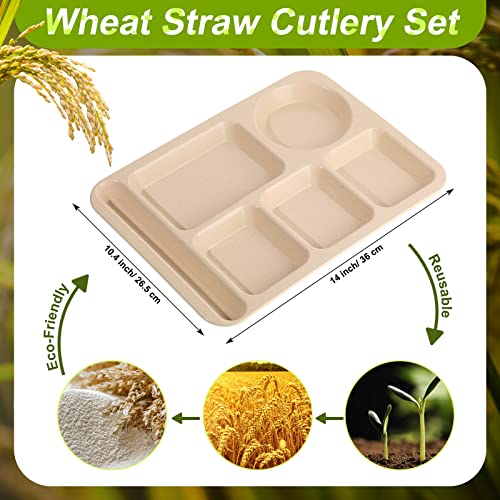 Pinkunn 12 Pcs 14'' Large Divided Plates Unbreakable Wheat Straw Lunch Trays 6 Compartments Cafeteria Trays Microwave Dishwasher Safe Food Separator Plates (Beige, Blue, Green, Pink) - color: Beige, Blue, Green, Pink