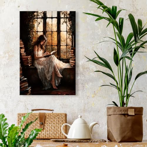 uoyien Vintage Victorian Girls Reading Portrait Canvas Wall Art Prints Dark Cottagecore Pictures Wall Decor Moody Bookish Paintings Artwork for Library Reading Room Bedroom 16x24in Wrapped Canvas - color: Brown, size: 16x24in Wood Framed