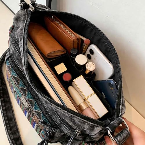 Black Denim Purse Crossbody Bags, Boho Hobo Crossbody Bags for Women, Casual Hippie Travel Purse with Lots of Pockets - color: Black