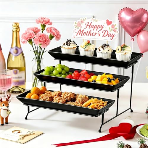 MALACASA 3 Tier Serving Trays for Party, Stoneware Serving Platters and Trays, 14 Inch Tiered Tray Stand, Fruit Tray, Trays for Serving Food, Black Dessert Stand with Collapsible Sturdier Metal Rack - color: Black, size: 14 Inch