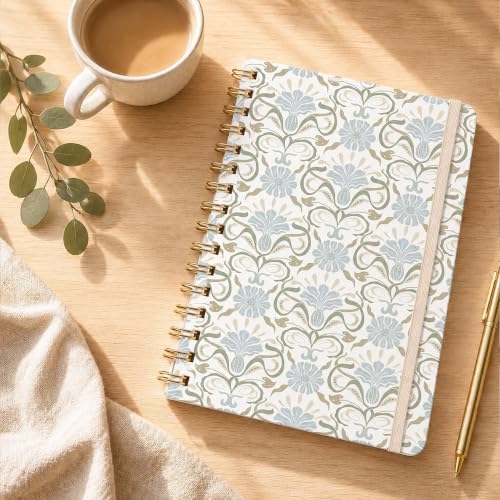 Sage Green Floral Lined Spiral Notebook, Pretty Hardcover Journal 6'' x 8.4'', Botanical Notebook for Women, Work, Writing Gift - color: floral-04