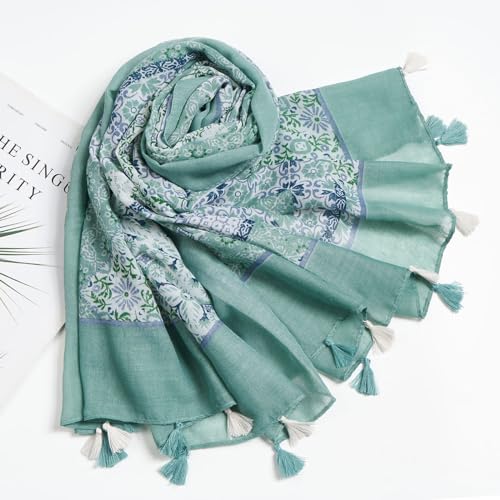 QIUTIMIY Scarf for Women Lightweight Soft Floral Leopard Printed Scarves Fall Winter Fashion Shawl Wrap with Fringe - color: Flower-green White