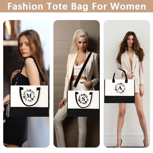 Monogram Personalized Initial Canvas Tote Bags for Women, Double-sided Embroidery Monogrammed Tote Bag Gifts - color: D