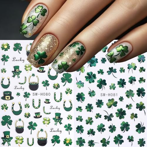 11 PCS St. Patrick's Day Nail Art Stickers 3D Self-Adhesive Green Shamrock Nail Decals Green Leaf Shape Clover Sticker DIY Spring Holographic Designs Manicure Decoration Nail Supplies for Women - style: Green Leaves