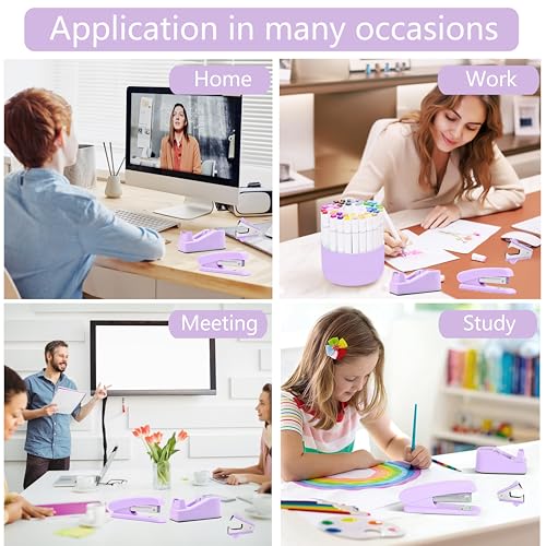 Dimonluce Purple Desk Accessories, Purple Office Supplies Accessories with Tape Dispenser, Stapler, Staple Remover, 1000 Staples, Tape, Clips Set, Ruler, Scissor, Pen - color: Purple