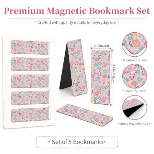 5 Pieces Magnetic Bookmarks, Cute Magnet Bookmark Clips, Colorful Page Markers for Books, Reading Supplies for Book Lovers, Women and Men Cute Pink Flower - color: Cute Pink Flower