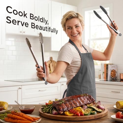 Kitchen Mama DuoEssentials Cooking Tongs Set, Metal Gray - color: Metal Gray