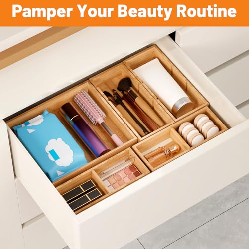 Bamboo Drawer Organizer, 5-Piece Stackable Trays with Removable Dividers