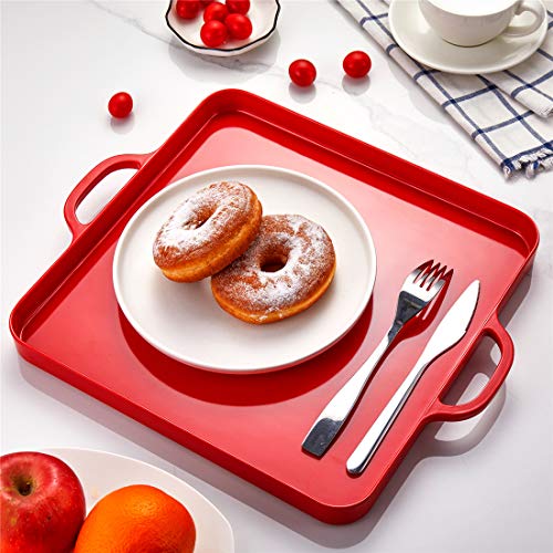 Square Serving Trays with Handles Melamine Red 12.5x12.5 Inch Spill Proof Kitchen Eating Trays Set of 2 for Cafeteria Cafe Food Appeizer Dessert Snack Dinner Lunch Breakfast,TR17-02 - color: Red