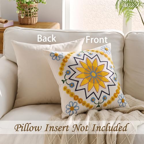 Embroidered Floral Throw Pillow Cover 22x22 Set of 1 Yellow - color: Yellow, size: 22" x 22" (Pack of 1)