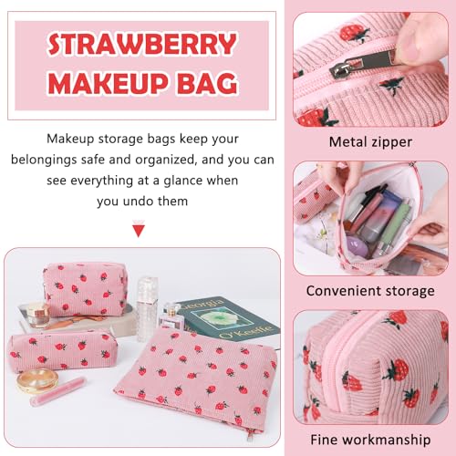 3 Pcs Makeup Bag Cosmetic Bag Set for Girls Women Travel Organizer Bathroom Toiletry Pouch Large Capacity Storage Bag (Strawberry Pink) - color: Strawberry Pink