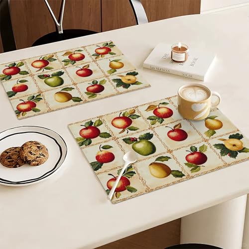 Apple Pear Placemats Set of 6, Retro Fruit Place Mats, Fruits Waterproof Washable Table Mats for Home Party Indoor Kitchen Dining Table Decoration 12x18 Inch - color: Apple Pear, size: Set of 6