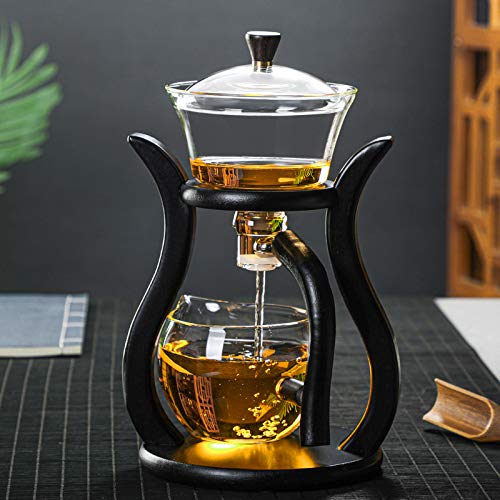 RORA Glass Teapot Set Semi Automatic Drip Rotating with Infuser Lazy Kungfu Tea pot Set (Bamboo) - color: Wooden, size: teapot