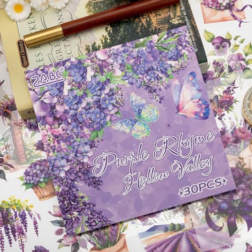 Purple Garden Scene Theme Sticker Scrapbooking Supplies for Junk Journal, 30 Sheets PET Stickers - Vintage Journaling Stickers, Ephemera Sticker Book Pre Cut(TZ-005-003) - color: Purple Rhyme