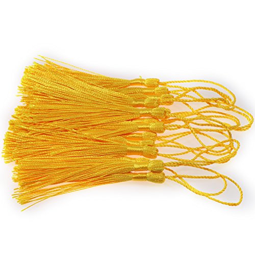 VAPKER 100 Pieces Yellow Tassels 13cm/5-Inch Silky Handmade Soft Tassels Floss Bookmark Tassels with 2-Inch Cord Loop for Jewelry Making, DIY Projects, Bookmarks - color: E:yellow