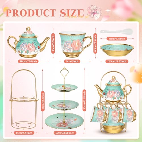 21 Pcs Porcelain Tea Set with 3 Tier Dessert Stand, Green, Summer - color: Green, style: Summer