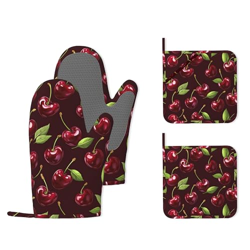 Red Cherry Heat-Resistant Silicone Oven Mitts and Pot Holders,Long Oven Gloves with Non-Slip Grip for Cooking, Baking, Grilling,BBQ - color: Red Cherry