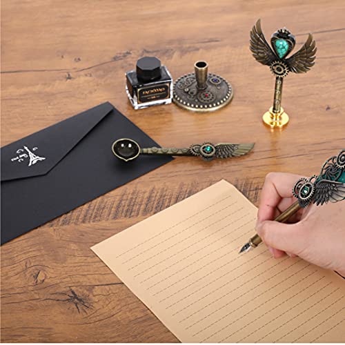 Quill Pen Set, Green, Feather Pen, Ink, Bookmarks, Seals, Nibs, Wax Bead, Envelopes, Writing Paper, Gift Box - color: Green