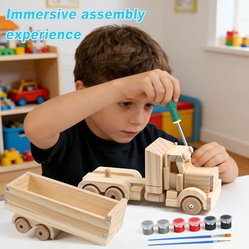 VOMOCNET 3 Pack DIY Wooden Model Building Kit, Includes Fighter Jet, Truck, Race Car, Paint Your Own Arts and Crafts, STEM Toys Birthday Gifts for Boys Girls