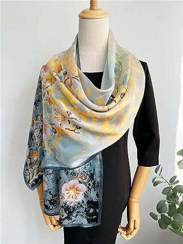 ANDANTINO 100% Silk Long Scarf-Women Large Oblong Shawls with Gift Packed - color: Gold&blue