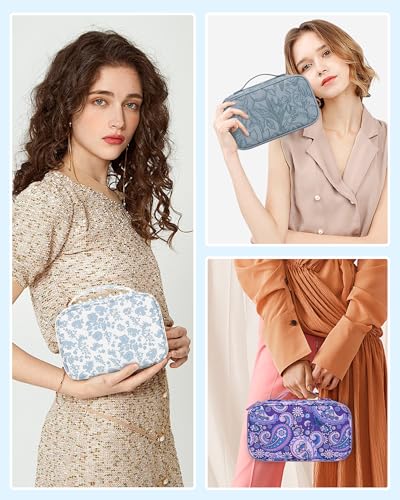 Relavel Travel Makeup Bag, Mini Floral Cosmetic Bag with 2 Layers - color: 01-Blue, size: Small