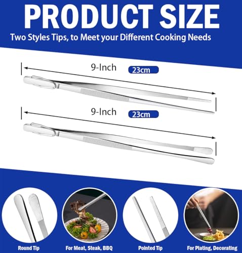 JETKONG 2 Pcs 9-Inch Kitchen Tweezers Cooking Tweezers Stainless Steel Tweezers Tongs (Silver) - color: Silver, size: 9+9 Inch