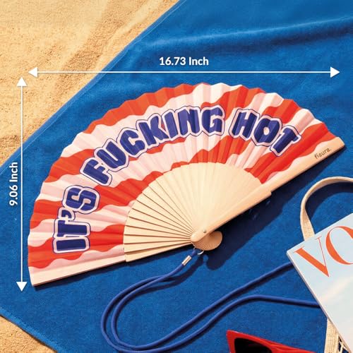 Fisura – Original folding fan with “f*cking hot” message. Modern and colorful wooden folding fan. Red wave folding fan. Includes strap. Fun gift idea. 16.7 x 9 in. - color: H*t, Red Waves