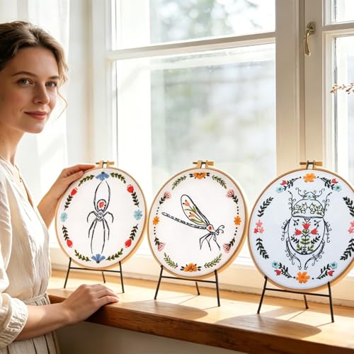 Armindou Hand Embroidery Kits for Beginners Adults, Insect Flowers Embroidery Set Needlepoint Kits, Spider Stamped Cross Stitch Kits for Beginners Adults, 3 Embroidery Hoops (Attached Video Tutorial) - color: Colorful